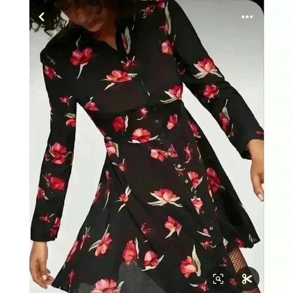 Zara Black/Red Flower Print Shirt Dress Fitted Torso Then Flirty Flair Sz XS - Picture 2 of 9